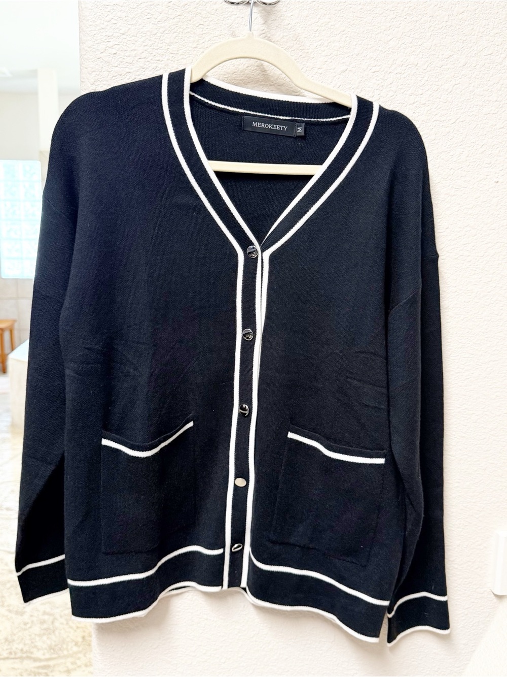 MEROKEETY Black Cardigan with White Contrast Trim Medium